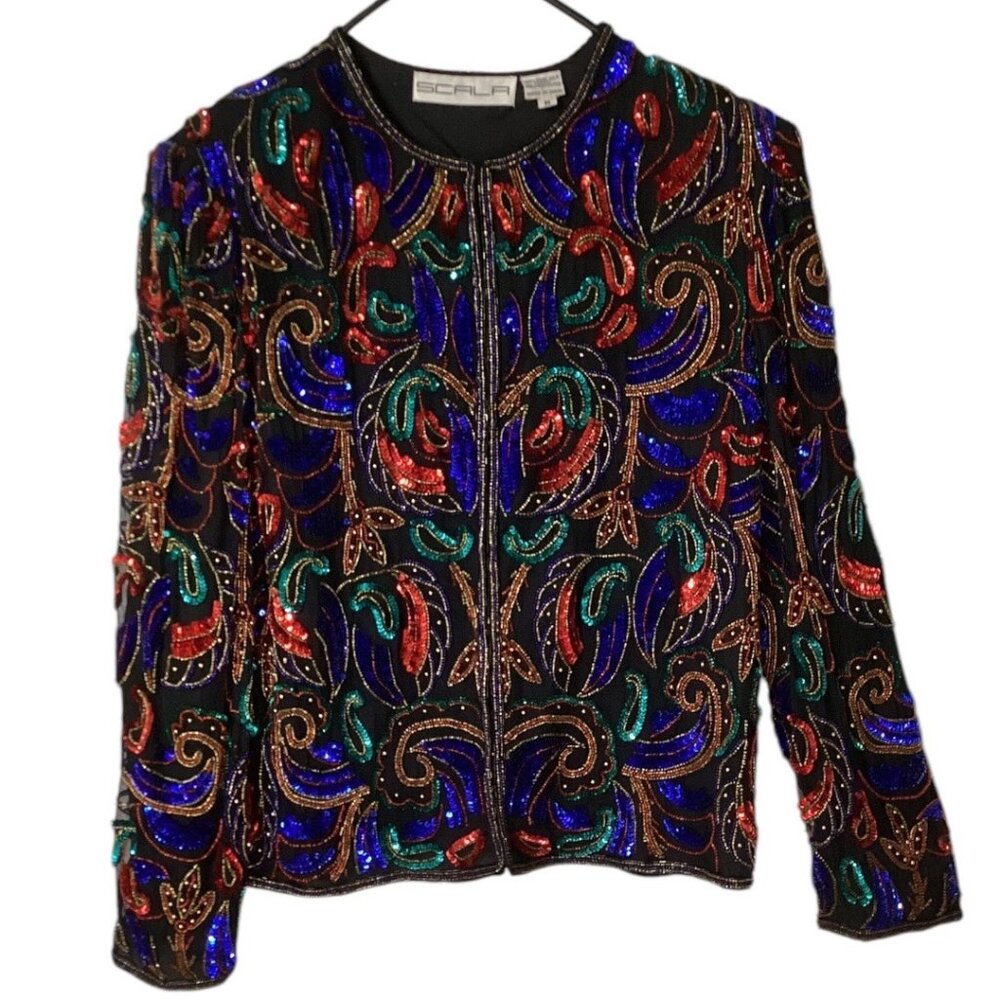 Vintage Scala Black Beaded Sequin Silk Evening Jacket Women's Size Medium